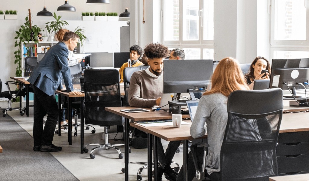 A team works together at desks in a bright open office