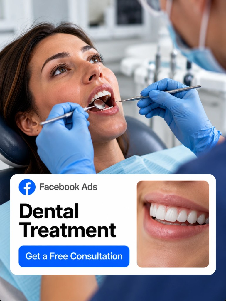 A Facebook ad for dental treatment, with a patient in the chair and a free consultation offer
