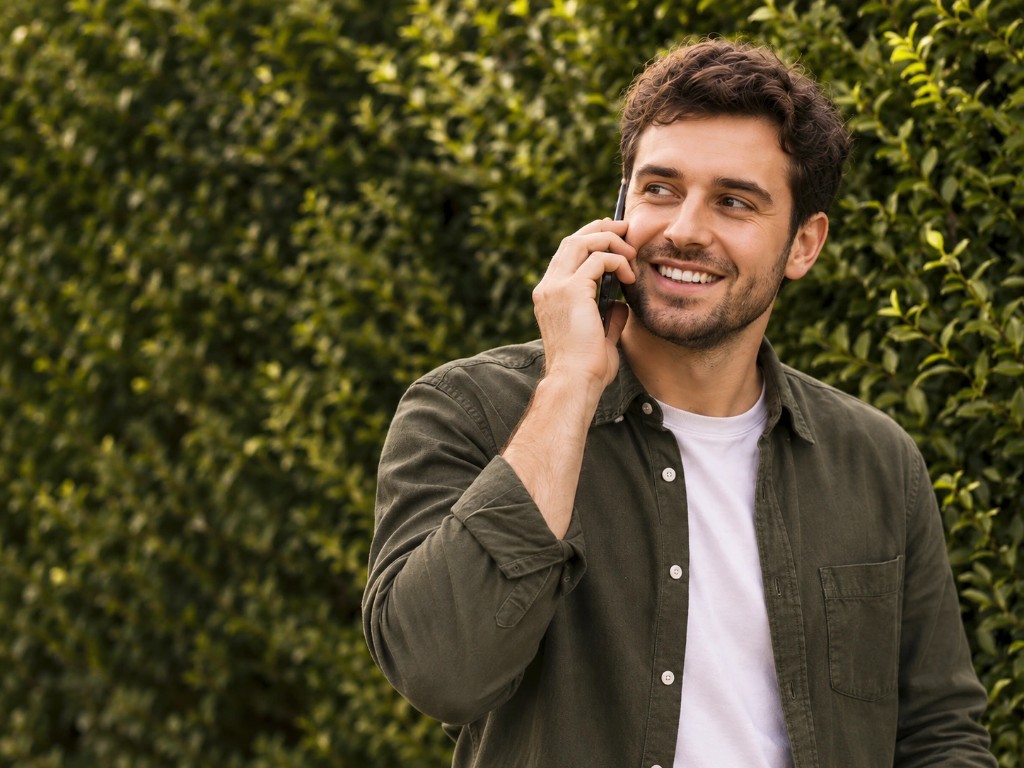 A smiling man talks on the phone in front of green leaves