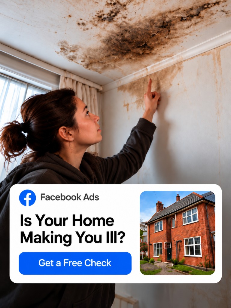 A Facebook ad showing a woman pointing at a mouldy ceiling, with a free home check offer