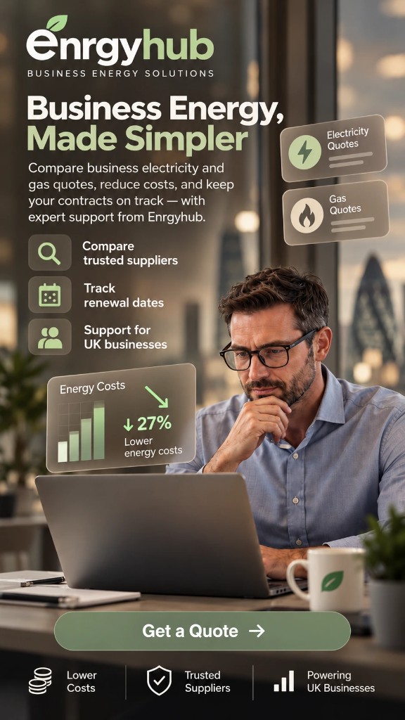 An Enrgyhub ad for simpler business energy, with a man reviewing quotes on a laptop