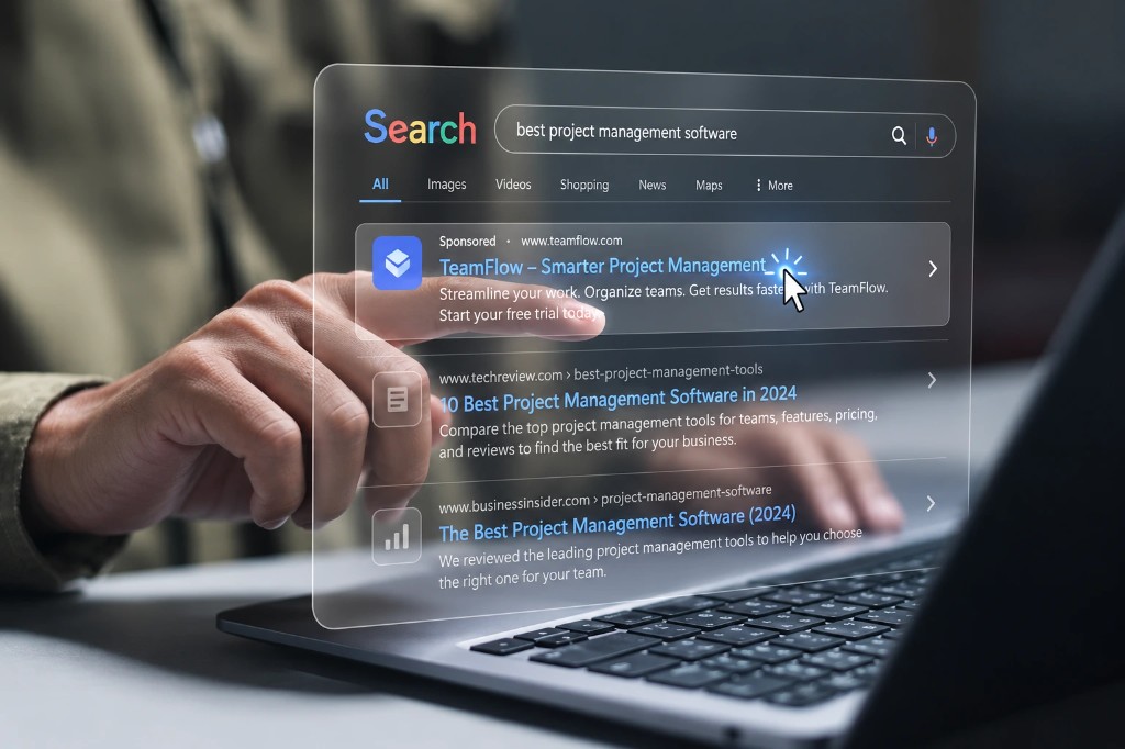 A hand pointing at a sponsored search ad on a laptop