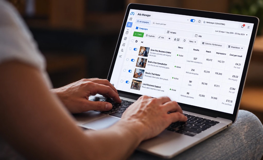 A person manages social ad campaigns in Ads Manager on a laptop