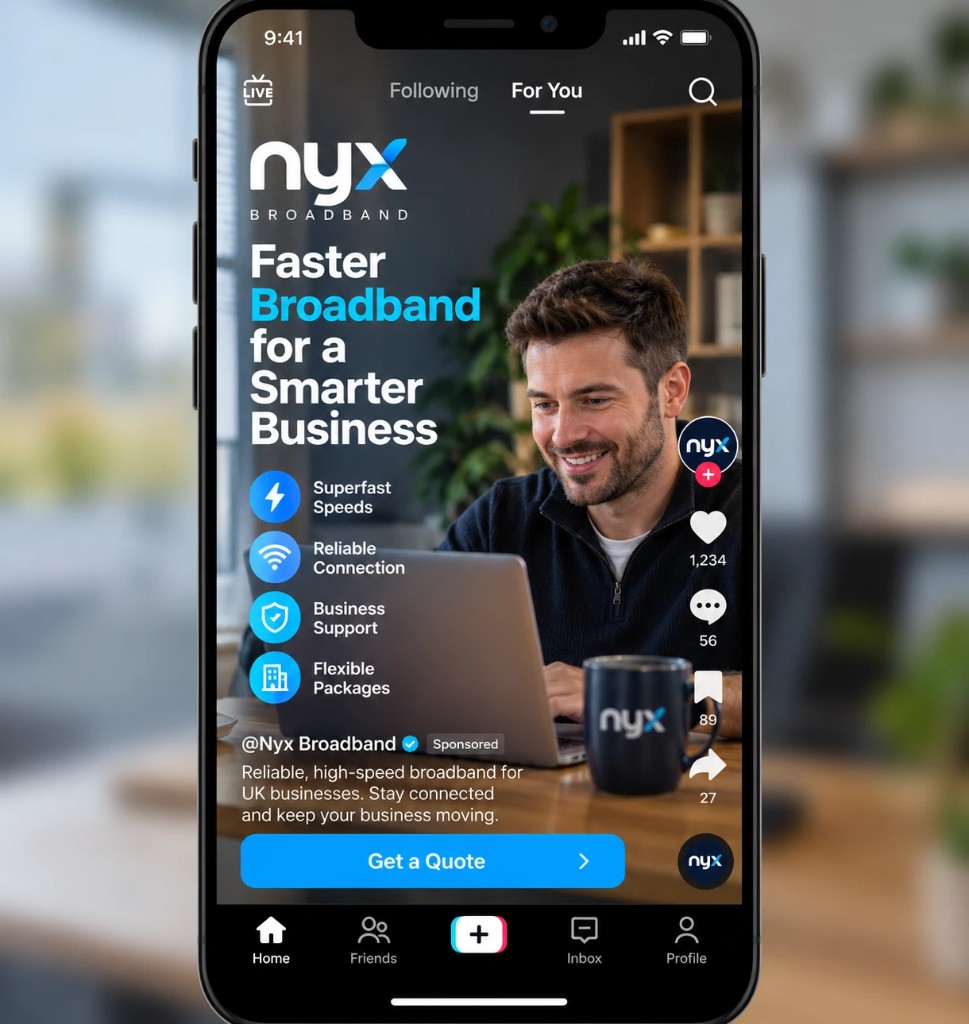 A TikTok sponsored video for Nyx Broadband on a phone